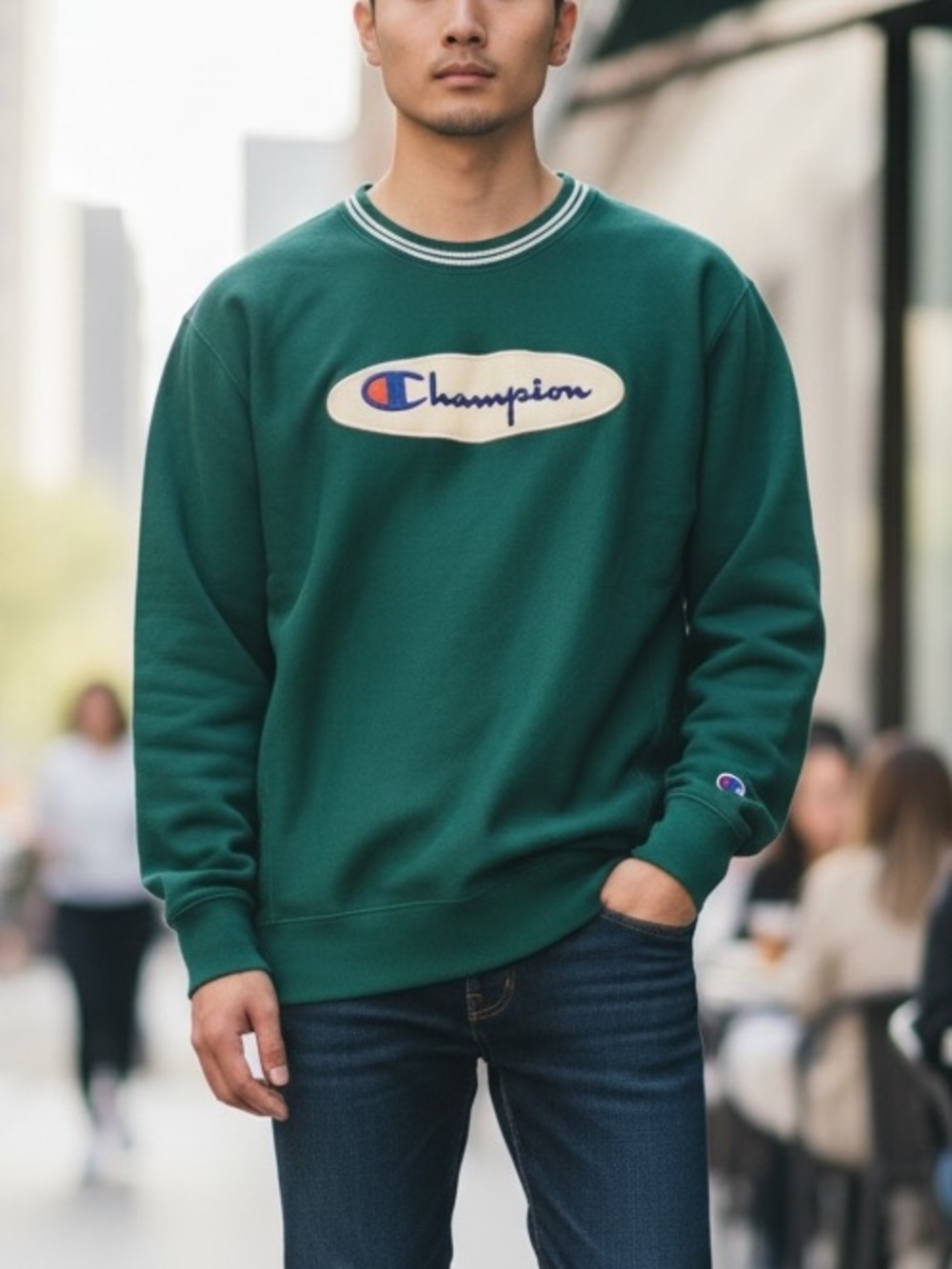 CHAMPION Vintage Style Reverse Weave Emerald Green Crewneck Logo Sweatshirt S